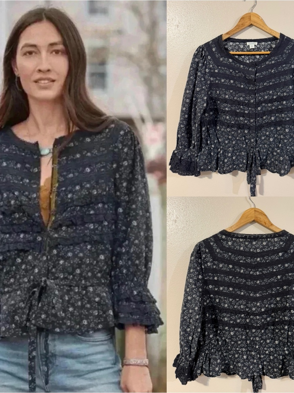 Sundance | Alaina Floral Black Gray Lace Cotton Cropped Top - Size Petite Medium